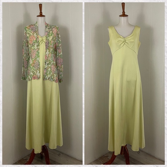 Vintage 70s Sleeveless V-Neck Maxi Dress & Floral Sequin Shell - Picture 1 of 15